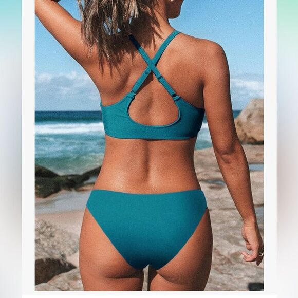 CUPSHE Women's Two Piece Bikini Set Floral Print Knot Bunny Tie, Teal, S - Picture 2 of 4